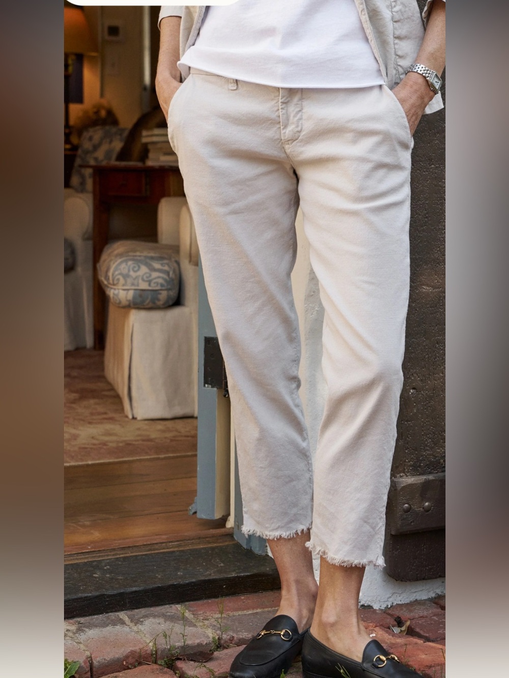 Frank & Eileen Wicklow Washed Cement Raw Hem Cropped Italian Chino Pants, S 10